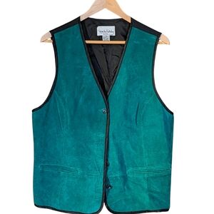 Diane Von Furstenberg Green Leather Vest 1X Western Cabincore Casual Layer